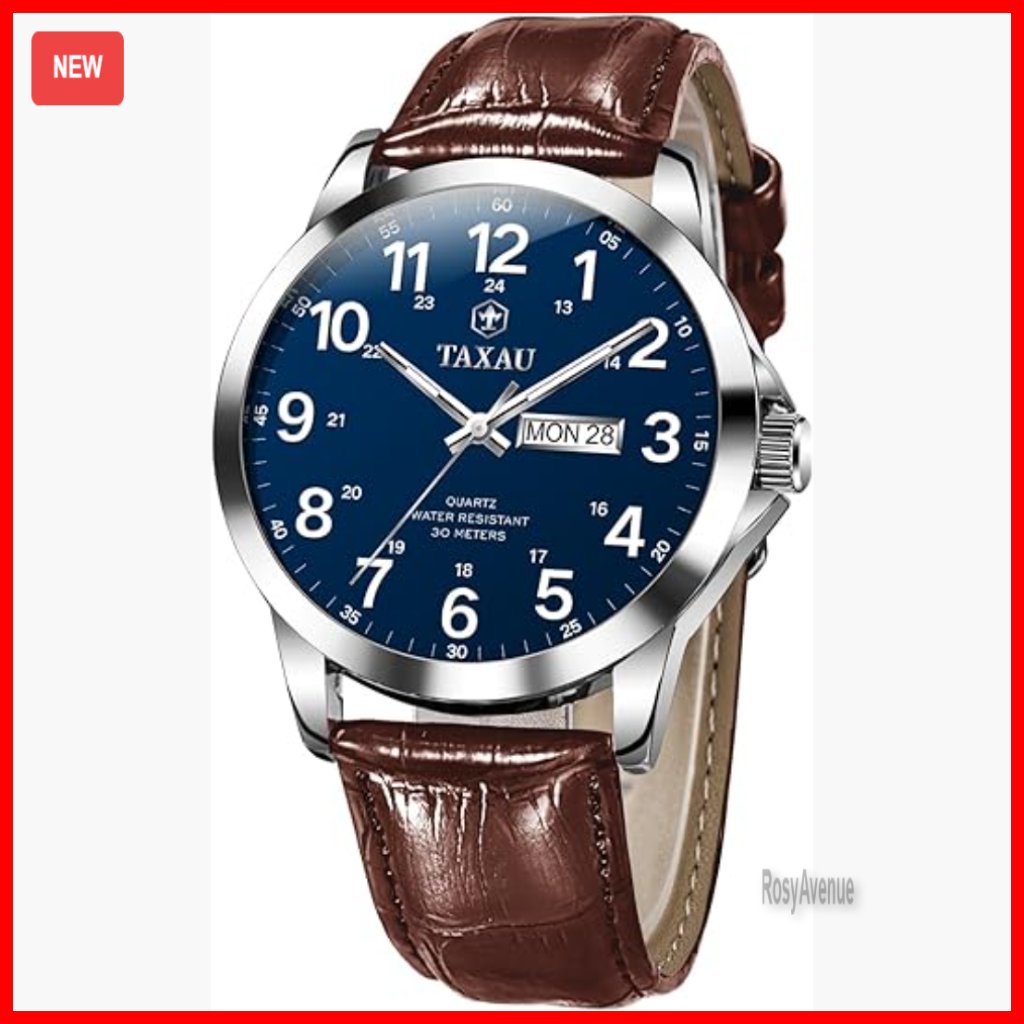 Men's Analog Leather Dress Watch With Day Date Large Arabic Numerals Waterproof